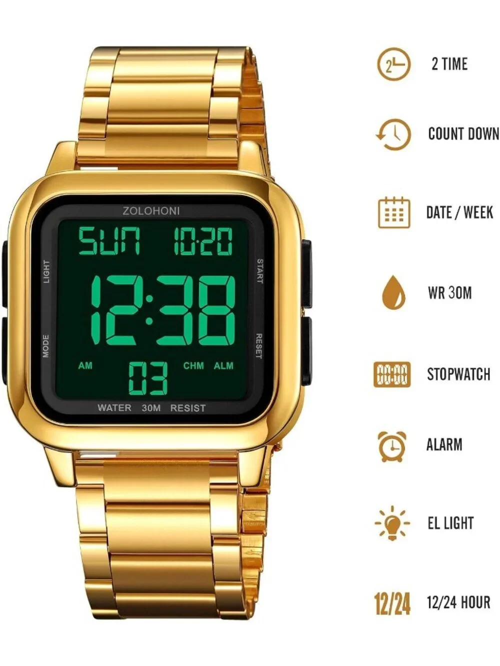 Men's Gold Analog Quartz Stainless Steel Waterproof Square LED Digital Watch